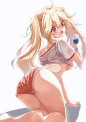 Rule 34 | 1girl, absurdres, alternate costume, ass, azur lane, blonde hair, bluecher (azur lane), bottle, breasts, full body, gym shirt, gym uniform, heart, heart-shaped pupils, highres, looking at viewer, open mouth, panties, panties under shorts, panty peek, qian hen, red eyes, red shorts, shirt, short sleeves, shorts, solo, sweat, sweaty clothes, symbol-shaped pupils, twintails, underboob, underwear, white background