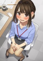 Rule 34 | 1girl, black footwear, blush, brown eyes, brown hair, chair, checkered floor, commentary request, computer, cup, douki-chan (douki-chan), formal, ganbare douki-chan, highres, laptop, long hair, looking at viewer, miniskirt, office chair, office lady, pantyhose, pen, pencil skirt, see-through, see-through legwear, sitting, skirt, skirt suit, solo, suit, swivel chair, yomu (sgt epper)