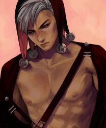 Rule 34 | 1boy, black jacket, black sclera, closed mouth, colored sclera, grey hair, highres, jacket, jojo no kimyou na bouken, lips, long sleeves, looking at viewer, male focus, meron nouka, nipples, open clothes, open jacket, pink background, red eyes, risotto nero, short hair, simple background, solo, upper body, vento aureo