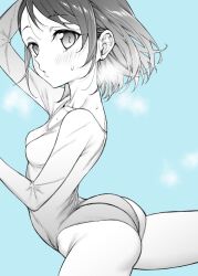 Rule 34 | 1girl, ass, athletic leotard, blue background, blush, breasts, commentary request, floating hair, greyscale, greyscale with colored background, idolmaster, idolmaster cinderella girls, idolmaster cinderella girls u149, leg up, leotard, looking at viewer, monochrome, mushi024, sasaki chie, small breasts, solo, sweat