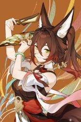 Rule 34 | 1girl, absurdres, animal ears, arms up, brown dress, brown hair, closed mouth, colored tips, commentary request, dress, folded fan, folding fan, fox ears, fox girl, fox tail, green bracelet, green eyes, hand fan, highres, holding, holding fan, honkai: star rail, honkai (series), long hair, looking at viewer, multicolored hair, ponytail, qxs, red hair, sleeveless, sleeveless dress, smile, solo, tail, tingyun (honkai: star rail), upper body