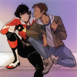 Rule 34 | 2boys, artist name, bad id, bad twitter id, black hair, blush, boots, brown hair, dark-skinned male, dark skin, fingerless gloves, gloves, grin, hood, hoodie, hyakujuu-ou golion, jacket, keith (voltron), knee boots, lance (voltron), looking at another, male focus, miyuli, mullet, multiple boys, open clothes, open jacket, sitting, smile, voltron: legendary defender, voltron (series)