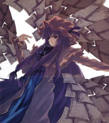 Rule 34 | 1girl, absurdres, asagi (kabocha oukoku), asagi shii, cloak, crease, female focus, flying paper, hat, highres, long hair, long sleeves, outstretched arm, paper, patchouli knowledge, purple eyes, purple hair, scan, solo, touhou, white background