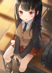 Rule 34 | 1girl, bag charm, between legs, black hair, black socks, blazer, blush, brown eyes, cardigan, chair, charm (object), classroom, desk, from above, hair ornament, hairclip, highres, indoors, jacket, jonsun, kneehighs, long hair, long sleeves, looking at viewer, looking up, necktie, on desk, open mouth, original, own hands together, pleated skirt, school, school desk, school uniform, shoes, sitting, skirt, sleeves past wrists, socks, solo, striped necktie, striped neckwear, sweater, uwabaki, v arms