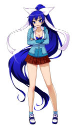 Rule 34 | 1girl, :d, absurdly long hair, blue hair, blue jacket, blue socks, blush, bow, breasts, cleavage, crossed arms, full body, highres, itou yuuji, jacket, large breasts, long hair, long sleeves, looking at viewer, miniskirt, open mouth, pigeon-toed, plaid, plaid skirt, pleated skirt, ponytail, purple eyes, quiz magic academy, red skirt, shoes, simple background, skirt, smile, socks, solo, standing, very long hair, white background, white bow, yuri (quiz magic academy)