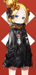 Rule 34 | 1girl, abigail williams (fate), abigail williams (traveling outfit) (fate), alternate hairstyle, bandaid, bandaid on face, bandaid on forehead, belt, black bow, black jacket, blonde hair, blue eyes, blush, bow, fate/grand order, fate (series), forehead, hair bow, hair bun, high collar, jacket, long hair, looking at viewer, official alternate costume, orange bow, parted bangs, polka dot, polka dot bow, red background, ringozaka mariko, simple background, single hair bun, sleeves past fingers, sleeves past wrists, solo, thighs, x