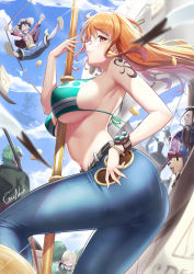 Rule 34 | 2girls, 6+boys, arm tattoo, ass, between breasts, bikini, bracelet, breasts, brook (one piece), brown eyes, closed mouth, cloud, coin, denim, floating hair, franky (one piece), from side, gainoob, gold coin, heart, heart-shaped pupils, highres, hip focus, jeans, jewelry, jolly roger, large breasts, long hair, looking at viewer, monkey d. luffy, multiple boys, multiple girls, nami (one piece), nico robin, one piece, orange hair, over shoulder, pants, pole, profile, roronoa zoro, sanji (one piece), ship, sideboob, sky, solo focus, straw hats jolly roger, swimsuit, swinging, sword, sword over shoulder, symbol-shaped pupils, tattoo, tony tony chopper, usopp, view between legs, watercraft, weapon, weapon over shoulder, wristband