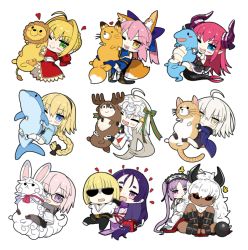 Rule 34 | 10s, 1boy, 6+girls, ahoge, animal costume, animal ears, asterios (fate), blonde hair, blue eyes, blush, braid, bug, butterfly, chibi, closed eyes, closed mouth, commentary request, dark skin, dragon tail, elizabeth bathory (fate), elizabeth bathory (fate/extra ccc), elizabeth bathory (first ascension) (fate), euryale (fate), fate/extra, fate/extra ccc, fate/grand order, fate (series), fou (fate), fox ears, fox tail, french braid, fujimaru ritsuka (male), glasses, green eyes, hair ornament, hair ribbon, hairband, heart, heart-shaped pupils, horns, insect, jeanne d&#039;arc (fate), jeanne d&#039;arc (ruler) (fate), jeanne d&#039;arc (swimsuit archer) (fate), jeanne d&#039;arc (swimsuit archer) (first ascension) (fate), jeanne d&#039;arc alter (avenger) (fate), jeanne d&#039;arc alter (fate), jeanne d&#039;arc alter santa lily (fate), kou mashiro, long hair, looking at viewer, mash kyrielight, minamoto no raikou (fate), multiple girls, nero claudius (fate), nero claudius (fate) (all), nero claudius (fate/extra), hugging object, one eye closed, open mouth, pink hair, pointy ears, purple eyes, purple hair, red eyes, reindeer costume, ribbon, sakata kintoki (fate), short hair, simple background, single braid, smile, stuffed animal, stuffed cat, stuffed dolphin, stuffed dragon, stuffed fox, stuffed reindeer, stuffed toy, symbol-shaped pupils, tail, tamamo (fate), tamamo no mae (fate/extra), twintails, white background, white hair, yellow butterfly, yellow eyes
