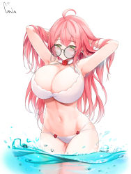Rule 34 | 1girl, absurdres, ahoge, armpits, arms behind head, arms up, bespectacled, bikini, black-framed eyewear, blush, breasts, copyright notice, dungeon and fighter, earrings, glasses, green eyes, hair between eyes, highres, hoop earrings, jewelry, knight (dungeon and fighter), large breasts, long hair, looking over eyewear, looking over glasses, mons pubis, navel, pink hair, playing with own hair, riba, round eyewear, signature, simple background, solo, sunglasses, swimsuit, thighs, tinted eyewear, water, white background, white bikini
