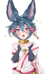 Rule 34 | 1girl, animal ears, backless outfit, blush, collar, collarbone, erune, flat chest, fox ears, fox girl, fox tail, granblue fantasy, hair ornament, multiple tails, open mouth, red eyes, reddevils10, sideless outfit, tail, you (granblue fantasy)