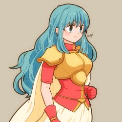 Rule 34 | 1girl, 245 15277297, aqua hair, armor, artist name, breastplate, cape, earrings, eirika (fire emblem), fire emblem, fire emblem: the sacred stones, gloves, grey background, highres, jewelry, long hair, long sleeves, nintendo, red gloves, red shirt, serious, shirt, simple background, skirt, solo, upper body, white cape, white skirt