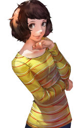 Rule 34 | 1girl, blazpu, breasts, brown eyes, brown hair, collarbone, highres, kawakami sadayo, lips, looking at viewer, nose, persona, persona 5, scoop neck, shirt, short hair, small breasts, smile, solo, standing, striped clothes, striped shirt, upper body, white background