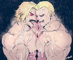 Rule 34 | 1boy, after kiss, bara, bare pectorals, blonde hair, facial hair, fatal fury, geese howard, glowing, glowing eye, highres, large pectorals, male focus, muscular, mustache, nipples, pectoral docking, pectoral press, pectorals, rugal bernstein, rybiok, saliva, saliva trail, sexually suggestive, short hair, snk, solo, the king of fighters, tongue, tongue out, upper body, veins, wet