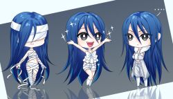Rule 34 | ..., 1girl, :/, :d, bandaged arm, bandaged chest, bandaged hand, bandaged head, bandaged leg, bandages, bare arms, black eyes, blue hair, boots, bow, camisole, cang yue (tou xing jiuyue tian), chibi, coat, covered eyes, crossed arms, frilled camisole, frills, full body, fur-trimmed coat, fur trim, grey background, hair between eyes, highres, holding own arm, knee boots, kumu zaisheng, long hair, multiple views, naked bandage, open mouth, pants, parted lips, reflection, reflective floor, short shorts, shorts, smile, socks, standing, teeth, tou xing jiuyue tian, upper teeth only, v-shaped eyebrows, very long hair, white bow, white camisole, white coat, white footwear, white pants, white shorts, white socks