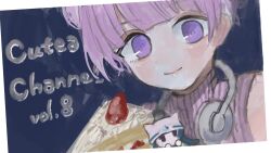 Rule 34 | 2girls, blunt bangs, cake, cake slice, closed mouth, commentary request, copyright name, cuteachannel, food, headphones, headphones around neck, highres, looking at viewer, multiple girls, purple eyes, purple hair, ren-0, short hair, smile, solo focus, strawberry shortcake, upper body
