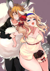 Rule 34 | 1boy, 1girl, animal ears, arm grab, bare shoulders, blonde hair, blue eyes, blue hairband, bow, breasts, censored, character request, collarbone, copyright request, covered navel, dress, closed eyes, from behind, grabbing, grabbing from behind, hair bow, hairband, large penis, large tail, long hair, long sleeves, medium breasts, microdress, open mouth, orange hair, penis, purple background, red bow, red ribbon, ribbon, strapless, tail, teeth, thigh sex, thigh strap, thighs, twitter username, wavy hair, youhei 64d