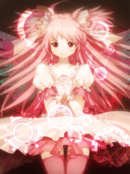 Rule 34 | 10s, 1girl, alternate costume, alternate hairstyle, bad id, bad pixiv id, champi, gloves, kaname madoka, long hair, mahou shoujo madoka magica, mahou shoujo madoka magica (anime), own hands clasped, own hands together, pink eyes, pink hair, praying, solo, spoilers, tears, thigh gap, thighhighs, twintails, two side up, ultimate madoka, white gloves, wings, zettai ryouiki