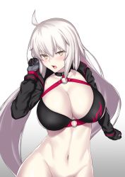 Rule 34 | 1girl, ahoge, aster crowley, backlighting, bikini, black bikini, black gloves, black jacket, blush, breasts, choker, cleavage, collarbone, commentary, cropped jacket, english commentary, fate/grand order, fate (series), gloves, gradient background, hair between eyes, highres, hip focus, jacket, jeanne d&#039;arc alter (swimsuit berserker) (fate), jeanne d&#039;arc (fate), jeanne d&#039;arc alter (fate), jeanne d&#039;arc alter (swimsuit berserker) (fate), large breasts, lens flare, long hair, looking at viewer, navel, o-ring, o-ring top, open mouth, shrug (clothing), solo, swimsuit, very long hair, white background, yellow eyes