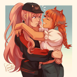 Rule 34 | 2girls, animal ears, baseball cap, blush, braid, cat ears, closed eyes, couple, earrings, feather earrings, feathers, gradient hair, hair through headwear, hands on another&#039;s shoulders, hat, highres, hololive, hololive english, hug, jacket, jewelry, long hair, looking at another, mori calliope, mori calliope (streetwear), multicolored hair, multiple girls, official alternate costume, open mouth, orange hair, pants, smile, soulfulweaver, takanashi kiara, takanashi kiara (casual), torso grab, track jacket, track pants, track suit, twin braids, virtual youtuber, yuri