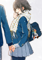 Rule 34 | 1boy, 1girl, bag, beads, black legwear, blazer, blue jacket, blush, breath, brown hair, commentary request, cowboy shot, closed eyes, from side, grey background, grey pants, grey scarf, grey skirt, hand to own mouth, highres, holding hands, jacket, keishin, long sleeves, lossy-lossless, multicolored clothes, multicolored scarf, open mouth, original, out of frame, pants, pleated skirt, scarf, school bag, school uniform, short hair, skirt, sleeves past wrists, smile, snowing, solo focus, standing, stuffed animal, stuffed fox, stuffed toy, white scarf, yellow scarf