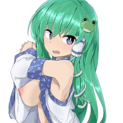 Rule 34 | 1girl, armpits, blue eyes, blush, breasts, breasts out, commentary request, detached sleeves, frog hair ornament, from side, green hair, hair between eyes, hair ornament, hair tubes, interlocked fingers, kochiya sanae, long hair, long sleeves, looking at viewer, medium breasts, nipples, no bra, open mouth, own hands together, sidelocks, simple background, snake hair ornament, solo, touhou, tyouseki, upper body, white background, wide sleeves