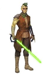 Rule 34 | 1boy, alien, arm wrap, armor, bandana, bandana around neck, belt, brown belt, brown coat, brown pants, brown shirt, coat, colored skin, energy sword, full body, green bandana, green hair, green lightsaber, highres, holding lightsaber, leg wrap, lightsaber, long coat, male focus, mechanical arms, mohawk, open clothes, open coat, pants, pauldrons, shirt, shoulder armor, simple background, single mechanical arm, single pauldron, sleeveless, sleeveless coat, solo, star wars, sword, weapon, white background, will nunes, yellow skin, zabrak