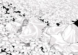 Rule 34 | 1boy, 1girl, belafu (human), belt buckle, between legs, buckle, bugezhengniao, capelet, facing away, facing to the side, feet out of frame, field, flower, flower field, from above, from side, greyscale, hat, highres, hug, knee up, lying, lying on person, made in abyss, monochrome, nature, on back, on stomach, pants, ribbon trim, short hair, sketch, vueko