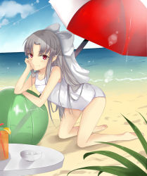 Rule 34 | 00s, 1girl, albino, bad id, bad pixiv id, bad proportions, ball, barefoot, beach, beach umbrella, beachball, blush, bow, flat chest, grey hair, hair bow, hand on own face, iro, iro (sekaixiro), long hair, melty blood, one-piece swimsuit, poorly drawn, red eyes, school swimsuit, smile, solo, swimsuit, tsukihime, umbrella, white hair, white len (tsukihime), white school swimsuit, white one-piece swimsuit