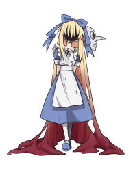 Rule 34 | 1girl, alice (black souls), apron, black liquid, black souls, blonde hair, blue bow, blue dress, blue footwear, bow, covered face, dress, extra faces, facing viewer, full body, hair bow, highres, long hair, melting, neck ribbon, pantyhose, puffy short sleeves, puffy sleeves, rabbit king, ribbon, sash, short sleeves, solo, spoilers, very long hair, white apron, white pantyhose, white sash