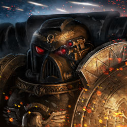 Rule 34 | 1boy, adeptus astartes, ameen naksewee, armor, backpack, bag, commentary, commission, deathwatch, english commentary, facing viewer, full armor, helmet, male focus, pauldrons, portrait, shoulder armor, solo, warhammer 40k
