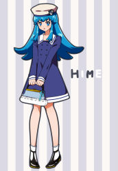 Rule 34 | 10s, 1girl, :p, beret, blue dress, blue eyes, blue hair, blush, boots, character name, dress, english text, eyelashes, fashion, happinesscharge precure!, happy, hat, kagami chihiro, long hair, looking at viewer, matching hair/eyes, precure, shirayuki hime, smile, solo, standing, striped, striped background, tongue, tongue out