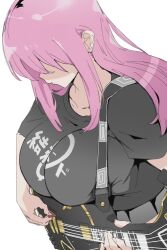Rule 34 | 1girl, black shirt, bocchi the rock!, breast rest, breasts, collarbone, electric guitar, ettone, faceless, faceless female, gibson les paul, gotoh hitori, guitar, highres, instrument, large breasts, music, pink hair, playing instrument, plectrum, print shirt, shirt, sidelocks, simple background, solo, straight hair, white background