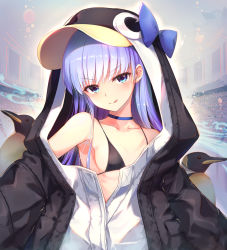 Rule 34 | 1girl, :q, animal hood, bare shoulders, bikini, bird, black bikini, black jacket, blue bow, blue choker, blue eyes, blue hair, blush, bow, breasts, choker, collarbone, commentary request, emperor penguin, fate/grand order, fate (series), head tilt, highres, hinooka shuuji, hood, hooded jacket, jacket, long hair, long sleeves, looking at viewer, meltryllis, meltryllis (fate), meltryllis (swimsuit lancer) (fate), meltryllis (swimsuit lancer) (first ascension) (fate), off shoulder, penguin, penguin hood, small breasts, smile, solo, swimsuit, tongue, tongue out, upper body, v-shaped eyebrows, white jacket