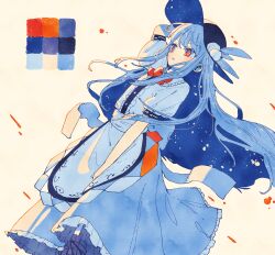 Rule 34 | 1girl, apron, arm up, back bow, blue hair, blue skirt, bow, bowtie, center frills, collared shirt, color guide, commentary request, feet out of frame, food, frilled shirt collar, frills, fruit, hat, highres, hinanawi tenshi, long hair, nama udon, parted lips, peach, puffy short sleeves, puffy sleeves, red bow, red bowtie, red eyes, shirt, short sleeves, skirt, solo, tan background, touhou, very long hair, white apron, white shirt