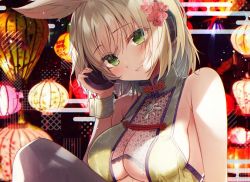 Rule 34 | 1girl, alternate eye color, bare shoulders, blonde hair, blush, breasts, commentary request, earmuffs, green eyes, hair ornament, hand up, head tilt, large breasts, looking at viewer, natsuki (ukiwakudasai), short hair, sleeveless, smile, solo, touhou, toyosatomimi no miko, upper body, wrist cuffs