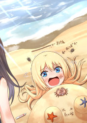 Rule 34 | 2girls, asashio (kancolle), beach, black hair, blonde hair, blue eyes, buried, comiching, commentary request, crab, crustacean, highres, isopod, jervis (kancolle), kantai collection, multiple girls, open mouth, sand, smile, starfish, tears, translation request