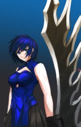 Rule 34 | 1girl, absurdres, bare shoulders, black gloves, black hair, black skirt, blade, blue background, blue eyes, blue hair, blue theme, breasts, ciel (tsukihime), cleavage, cleavage cutout, closed mouth, clothing cutout, dated, diamond cutout, gloves, gradient background, hair between eyes, highres, holding, holding weapon, huge weapon, looking at viewer, moedredd, reverse grip, short hair, signature, skirt, solo, tsukihime, type-moon, weapon