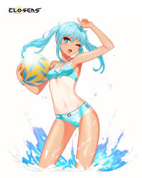 1girl ;d alternate_hair_color aqua_bikini aqua_bow aqua_hair arm_up ball bare_arms bare_shoulders beachball belt bikini blue_eyes bow bow_bikini breasts closers copyright_name cowboy_shot criss-cross_straps hands_up highres holding holding_ball holding_beachball logo long_hair looking_at_viewer navel official_art one-piece_tan one_eye_closed open_mouth paw_print seulbi_lee small_breasts smile solo sparkle splashing stomach swimsuit tan tanline twintails variant_set wading watch water wet white_background white_belt wristwatch