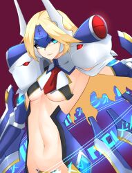 Rule 34 | 1girl, absurdres, blazblue, blonde hair, blue eyes, breasts, brick (atelier brick), crotch plate, elbow gloves, forehead protector, gloves, headgear, highres, long hair, mecha musume, mu-12, navel, revealing clothes, sidelocks, skindentation, small breasts, solo, underboob