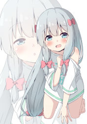 Rule 34 | 1girl, :o, adrenaline!!!, barefoot, blue eyes, blush, bow, clothes writing, commentary request, eromanga sensei, grey hair, hair bow, haru (konomi 150), izumi sagiri, kneeling, long hair, looking at viewer, off shoulder, open mouth, pink bow, shirt, simple background, smile, solo, t-shirt, very long hair, white background, zoom layer