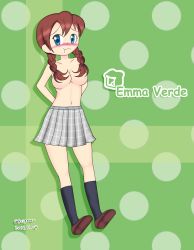 Rule 34 | 10s, 1girl, 2018, areola slip, arms behind back, artist name, blue eyes, blush, braid, breasts, brown hair, character name, convenient censoring, dated, emma verde, hair censor, hair over breasts, highres, kcsgamer, large breasts, long hair, looking at viewer, love live!, love live! school idol festival all stars, navel, pout, shoes, silhouette, skirt, solo, standing, thighhighs, topless, twin braids