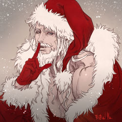 Rule 34 | 1boy, bara, beard, christmas, facial hair, finger to mouth, fur-trimmed jacket, fur trim, gloves, hat, highres, i reibun, jacket, large pectorals, long beard, long hair, looking at viewer, male focus, mature male, muscular, muscular male, mustache, nipples, old, old man, open clothes, open jacket, original, pectoral cleavage, pectorals, red gloves, red jacket, santa costume, santa hat, shushing, single bare shoulder, solo, upper body, white hair
