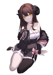Rule 34 | 1girl, absurdres, arm support, bare shoulders, black footwear, black jacket, black knight, black legwear, bow, breasts, brown hair, cleavage, closed mouth, collarbone, commentary, copyright request, detached collar, frills, hair between eyes, hand up, highres, horns, jacket, large breasts, long hair, looking at viewer, off shoulder, open mouth, orange eyes, pink bow, sheep horns, sidelocks, simple background, single leg pantyhose, sitting, smile, solo, symbol-only commentary, thighs, white background, yokozuwari