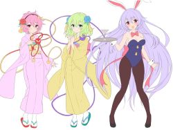 Rule 34 | 3girls, :d, alternate costume, animal ears, bad id, bad twitter id, bare shoulders, blush, bow, bowtie, breasts, brown legwear, cleavage, closed eyes, cup, detached collar, drinking glass, flower, full body, green eyes, green hair, grey eyes, hair between eyes, hair flower, hair ornament, hairband, hand on own chest, hayama eishi, heart, heart hair ornament, high heels, holding, holding tray, japanese clothes, kimono, komeiji koishi, komeiji satori, leotard, long hair, long sleeves, looking at viewer, medium breasts, multiple girls, obi, open mouth, own hands together, pantyhose, pink bow, pink eyes, pink hair, pink kimono, playboy bunny, rabbit ears, red bow, red bowtie, red eyes, reisen udongein inaba, sandals, sash, short hair, siblings, simple background, smile, standing, tabi, third eye, touhou, tray, unfinished, very long hair, white background, white legwear, wide sleeves, wrist cuffs, yellow kimono, zouri
