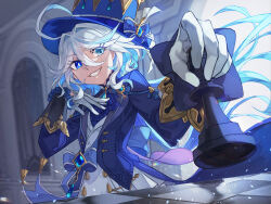 Rule 34 | 1girl, ahoge, blue eyes, blue hat, blue jacket, chess piece, dawito, furina (genshin impact), genshin impact, gloves, grin, hair intakes, hat, highres, holding, holding chess piece, jacket, long hair, looking at viewer, shirt, smile, solo, top hat, upper body, very long hair, white gloves, white hair, white shirt