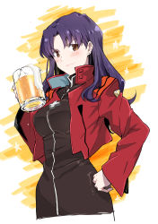 Rule 34 | 1girl, alcohol, beer, beer mug, black dress, brown eyes, closed mouth, cowboy shot, cropped jacket, cross, cross necklace, cup, dress, ear piercing, earrings, hand on own hip, hand up, highres, holding, holding cup, jacket, jewelry, katsuragi misato, long hair, long sleeves, looking at viewer, mug, necklace, neon genesis evangelion, nori senbei, open clothes, open jacket, piercing, purple hair, red jacket, short dress, simple background, solo, standing, stud earrings