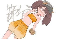 Rule 34 | 10s, 1girl, bandeau, bloomers, brown eyes, brown hair, dutch angle, enjaku izuku, flat chest, highres, horns, kantai collection, midriff, navel, open mouth, ryuujou (kancolle), shorts, solo, strapless, sweatdrop, translation request, tube top, underwear, visor cap
