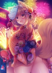 Rule 34 | 1girl, :d, animal ears, ass, bag, bell, blush, breasts, brown eyes, brown hair, candy apple, commentary request, fang, fireworks, floral print, food, fox ears, fox mask, fox tail, from behind, hair bell, hair ornament, handbag, highres, holding, holding food, japanese clothes, jingle bell, kimono, large breasts, long sleeves, looking at viewer, mask, mask on head, night, night sky, open mouth, orange kimono, original, outdoors, sky, smile, solo, standing, summer festival, suzunone rena, tail, torii, watermark