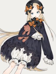 Rule 34 | 1girl, abigail williams (fate), black bow, black dress, blonde hair, bloomers, blue eyes, blush, bow, brown background, bug, butterfly, commentary request, dress, dutch angle, fate/grand order, fate (series), hair bow, hands in opposite sleeves, head tilt, insect, long hair, long sleeves, looking at viewer, hugging object, orange bow, parted bangs, parted lips, polka dot, polka dot bow, simple background, sino42, solo, stuffed animal, stuffed toy, teddy bear, underwear, very long hair, white bloomers