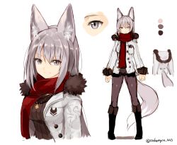 Rule 34 | 1girl, animal ears, black footwear, brown sweater, closed mouth, color guide, fox ears, fox tail, grey eyes, grey hair, grey pantyhose, hair between eyes, highres, jacket, long sleeves, looking at viewer, open clothes, open jacket, original, pantyhose, red scarf, ribbed sweater, scarf, simple background, sketch, smile, standing, sukemyon, sweater, tail, white background, white jacket